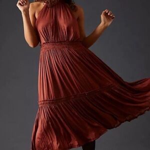 By Anthropologie - Tiered Halter Dress Midi Maxi Brown Rose / Rust EUC Size 4